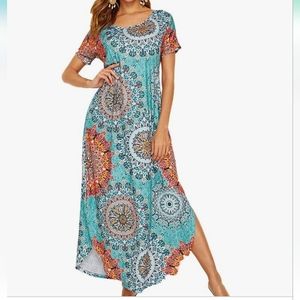 MakeMeChic Women's Boho Maxi Short Sleeve Split Pockets Tie Dye Long Dress Multi